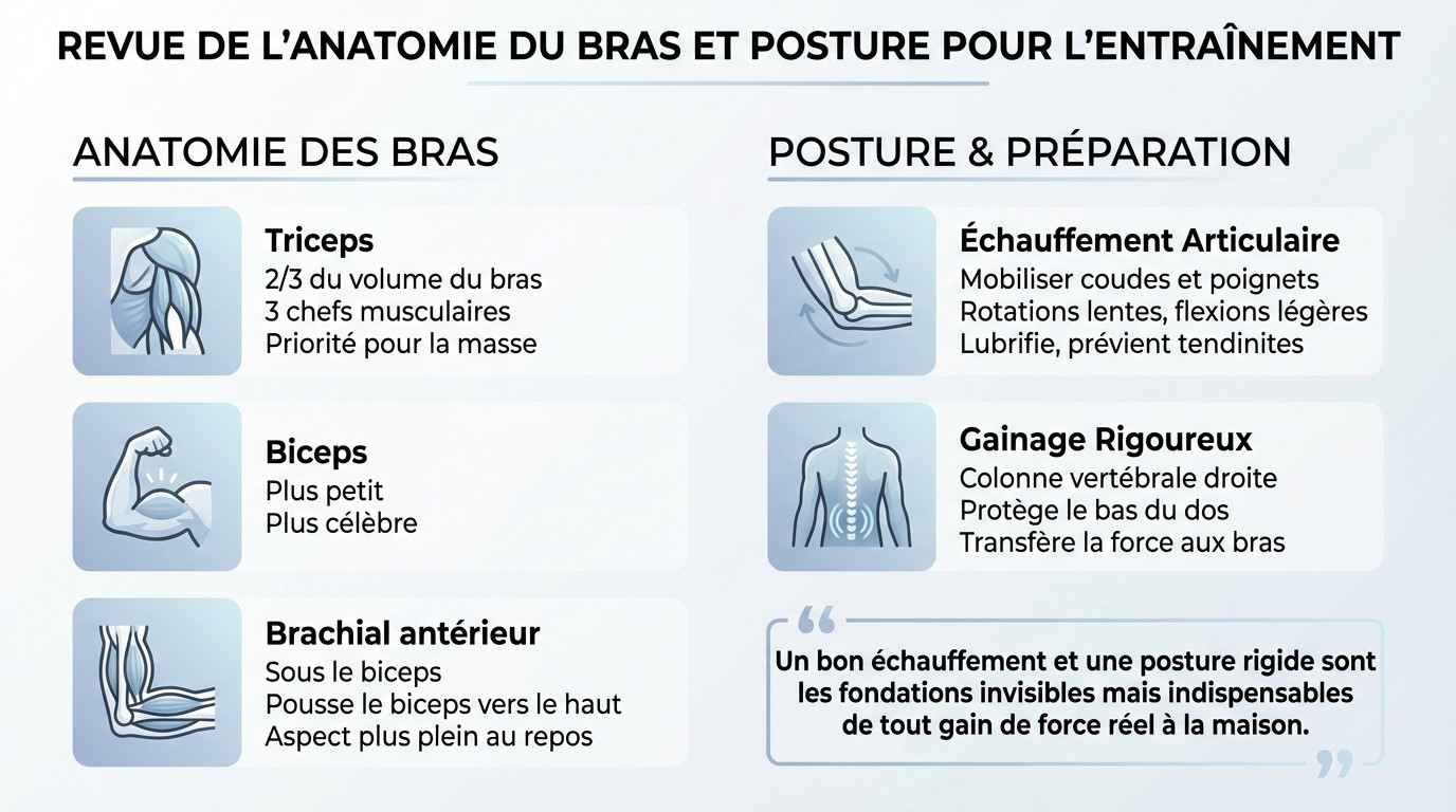 Schéma anatomique des muscles du bras et posture de musculation