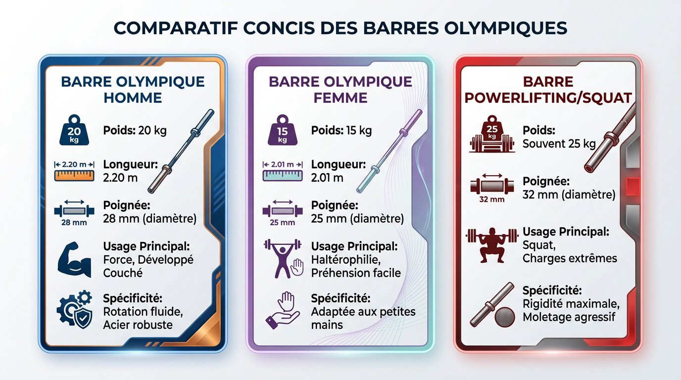 Tableau comparatif des poids et dimensions des barres olympiques pour hommes et femmes