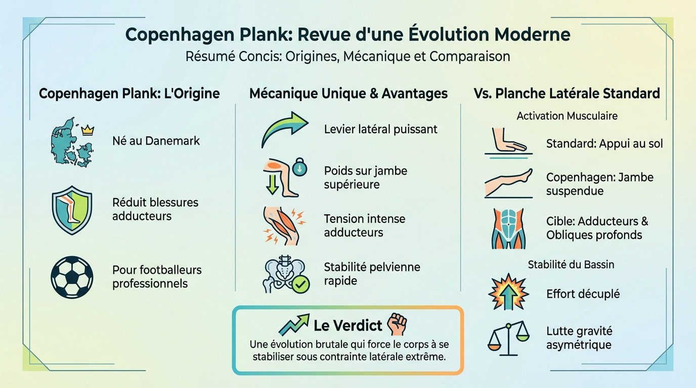 Exécution de la Copenhagen plank sur un banc de musculation pour renforcer les adducteurs