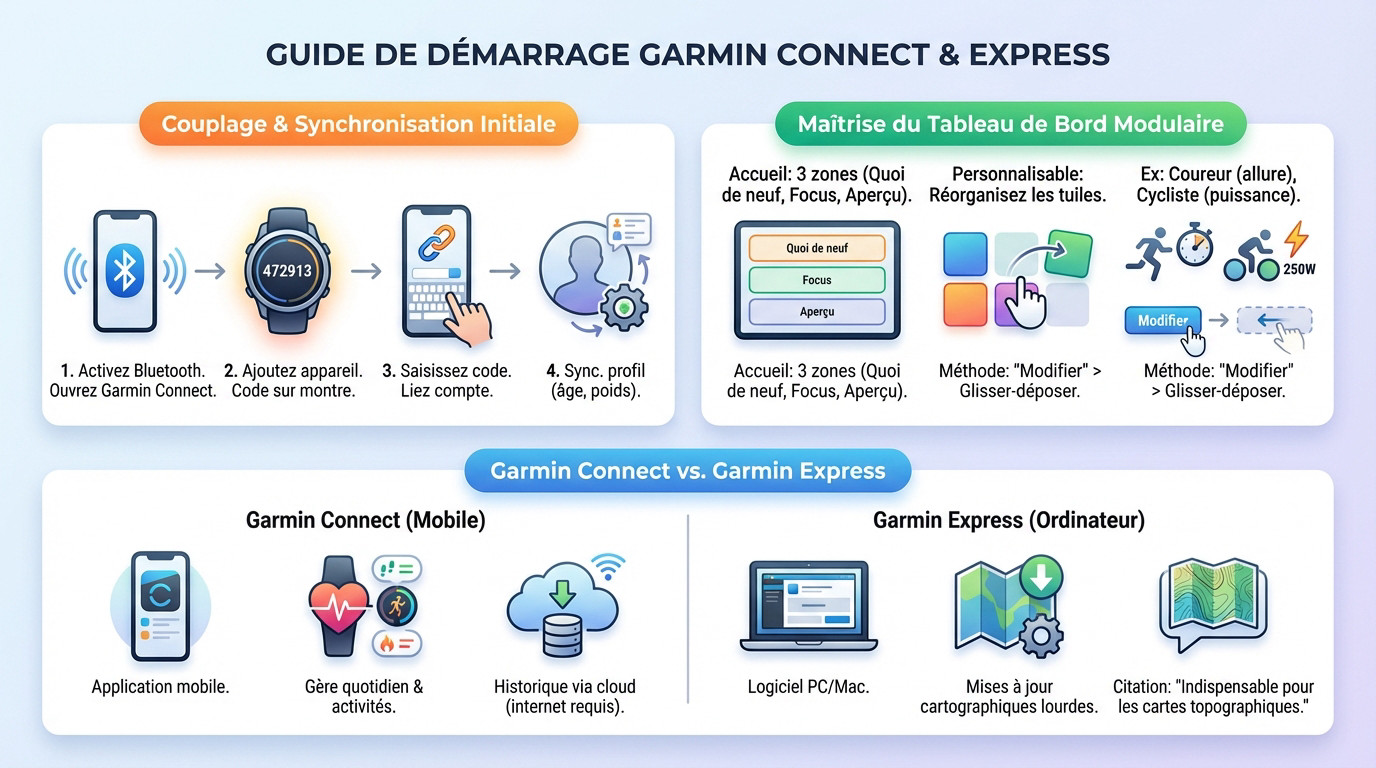 Interface de l'application mobile Garmin Connect et du logiciel Garmin Express