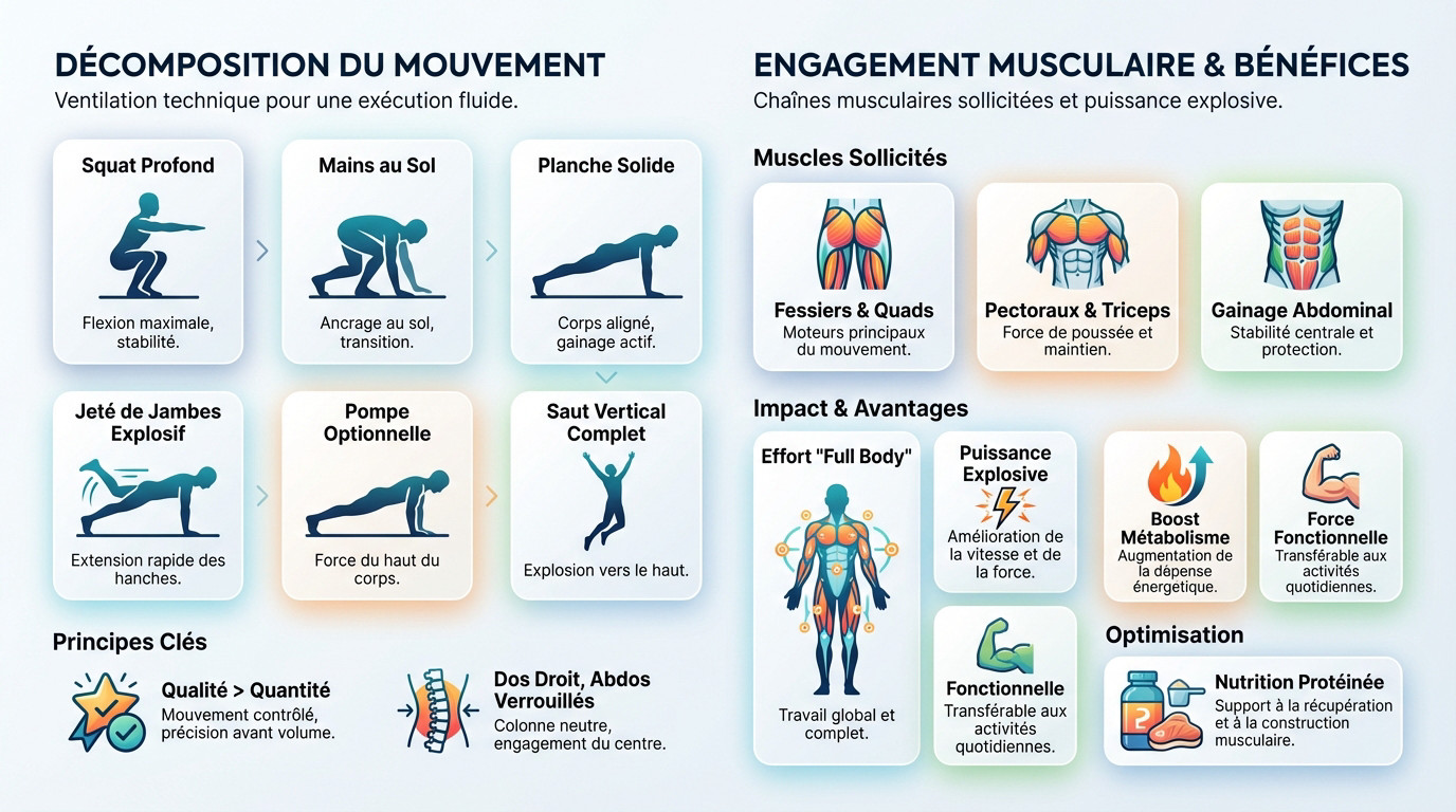 Infographie détaillant la biomécanique du burpee et l'engagement des chaînes musculaires