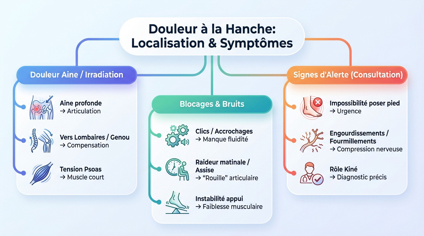Infographie explicative sur la localisation des douleurs à la hanche et les symptômes associés chez le coureur