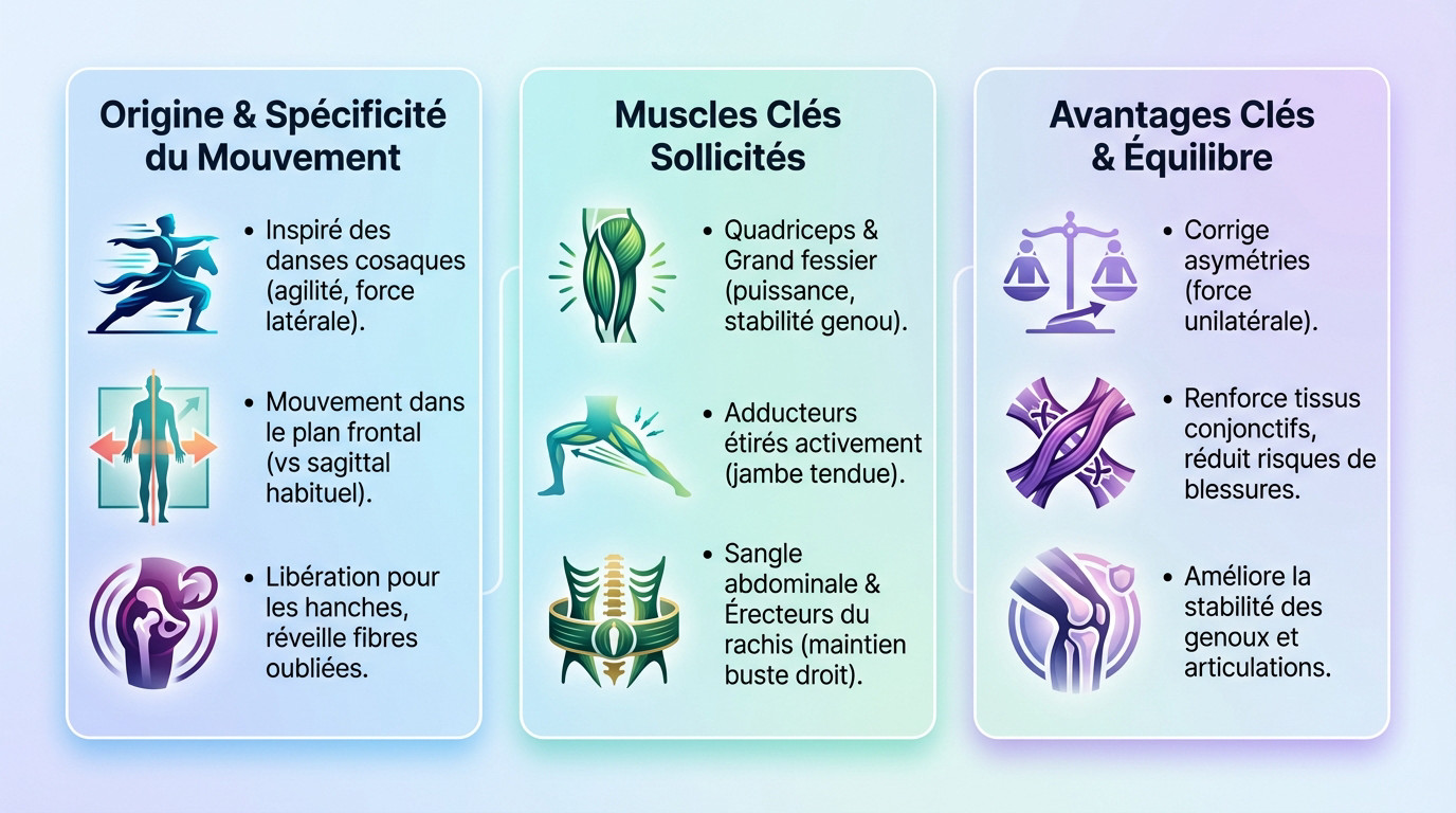 Infographie détaillant les muscles sollicités et les bénéfices du Cossack squat pour la mobilité