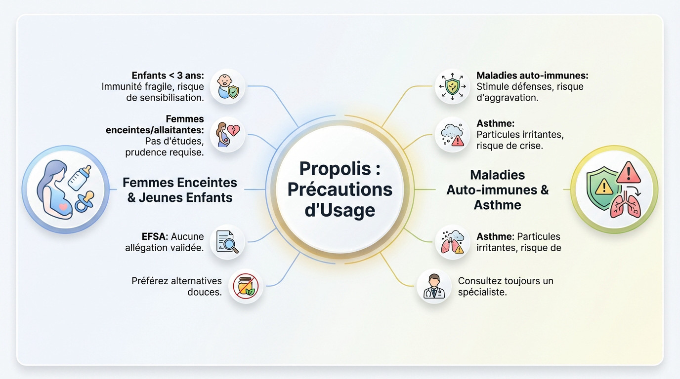 Infographie récapitulant les contre-indications et précautions d'usage de la propolis pour la santé