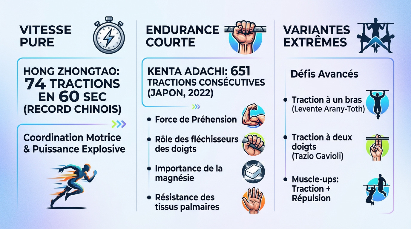 Infographie présentant les records du monde de tractions en vitesse et endurance extrême