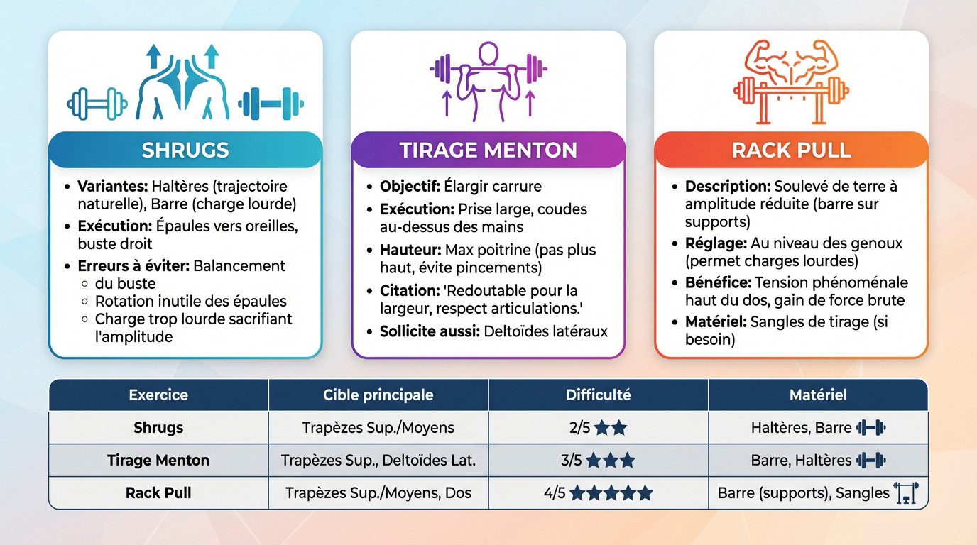 Infographie des 3 meilleurs exercices pour muscler les trapèzes