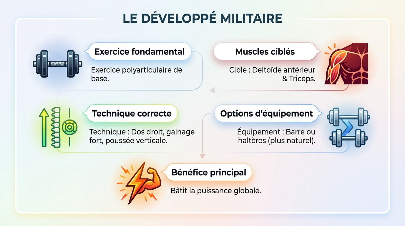 Infographie technique du développé militaire pour la musculation des épaules