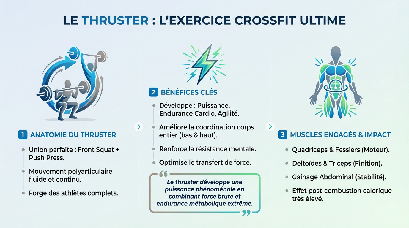Athlète réalisant un thruster avec une barre d'haltérophilie en extension complète