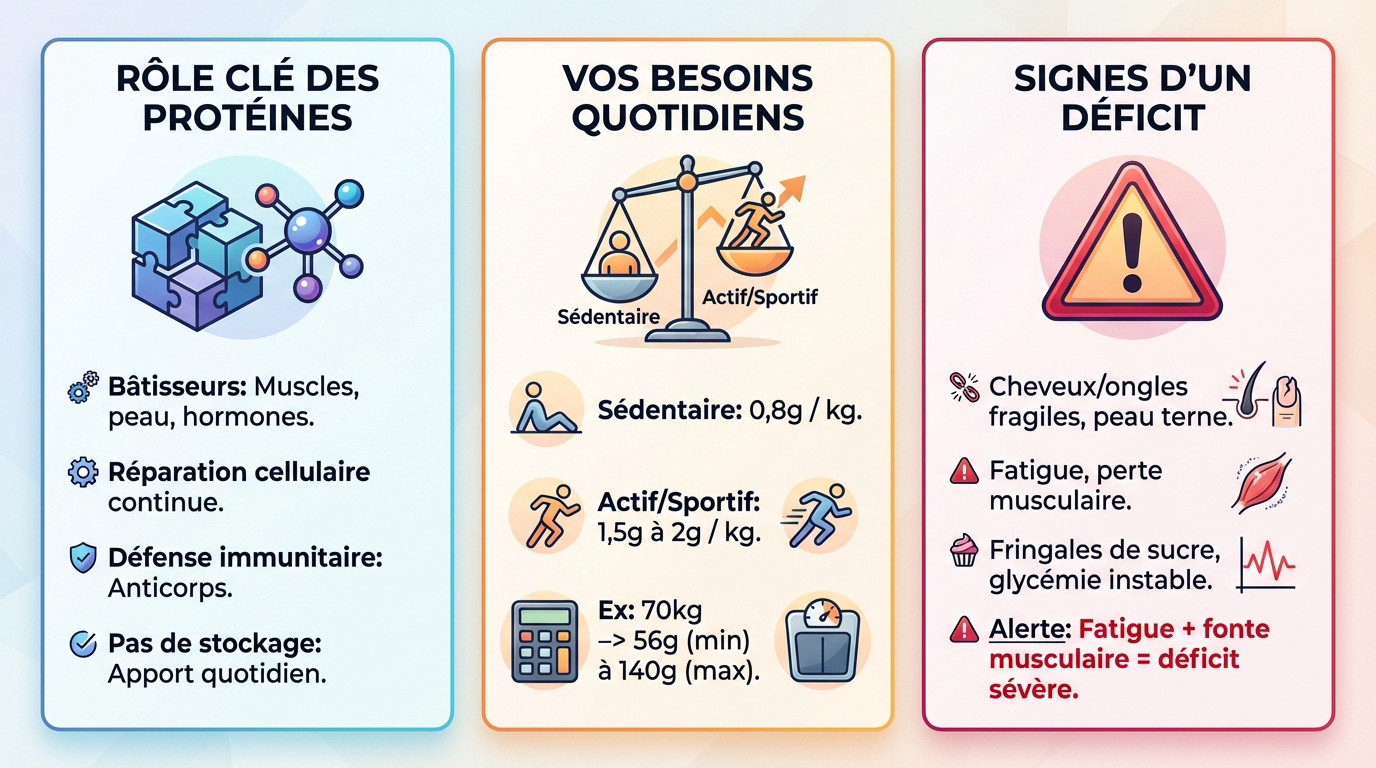 Infographie détaillant le rôle biologique des protéines et les signes de carence nutritionnelle