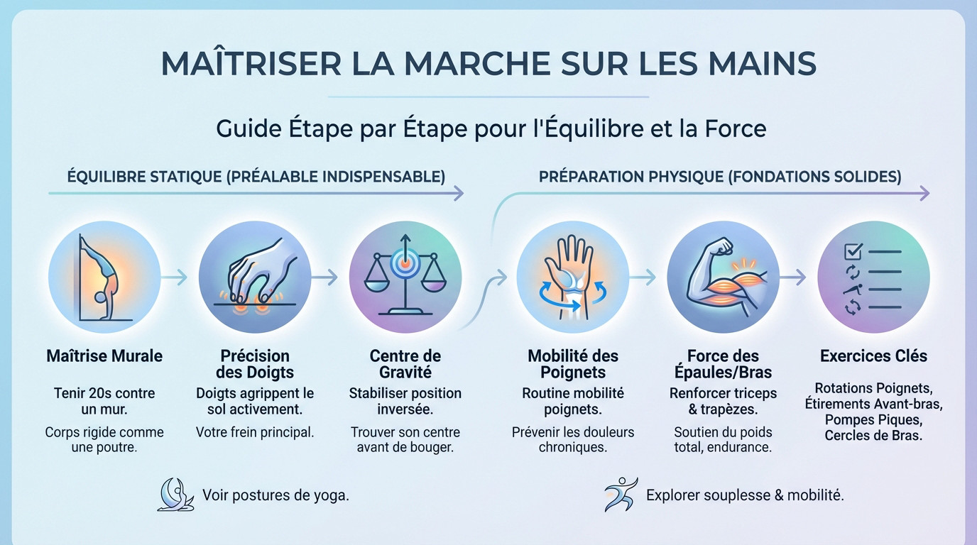Un sportif en équilibre sur les mains travaillant sa sangle abdominale pour marcher mains