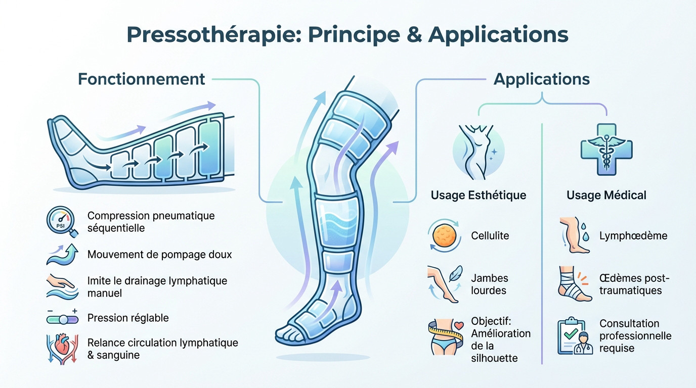 Schéma explicatif du fonctionnement de la pressothérapie et ses applications