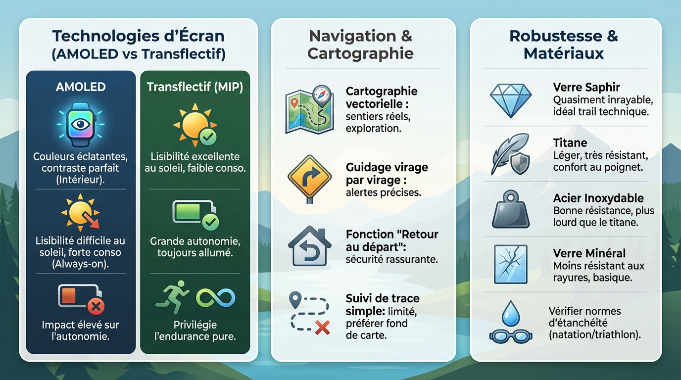 Montre de running affichant une carte GPS détaillée pour la navigation en sentier