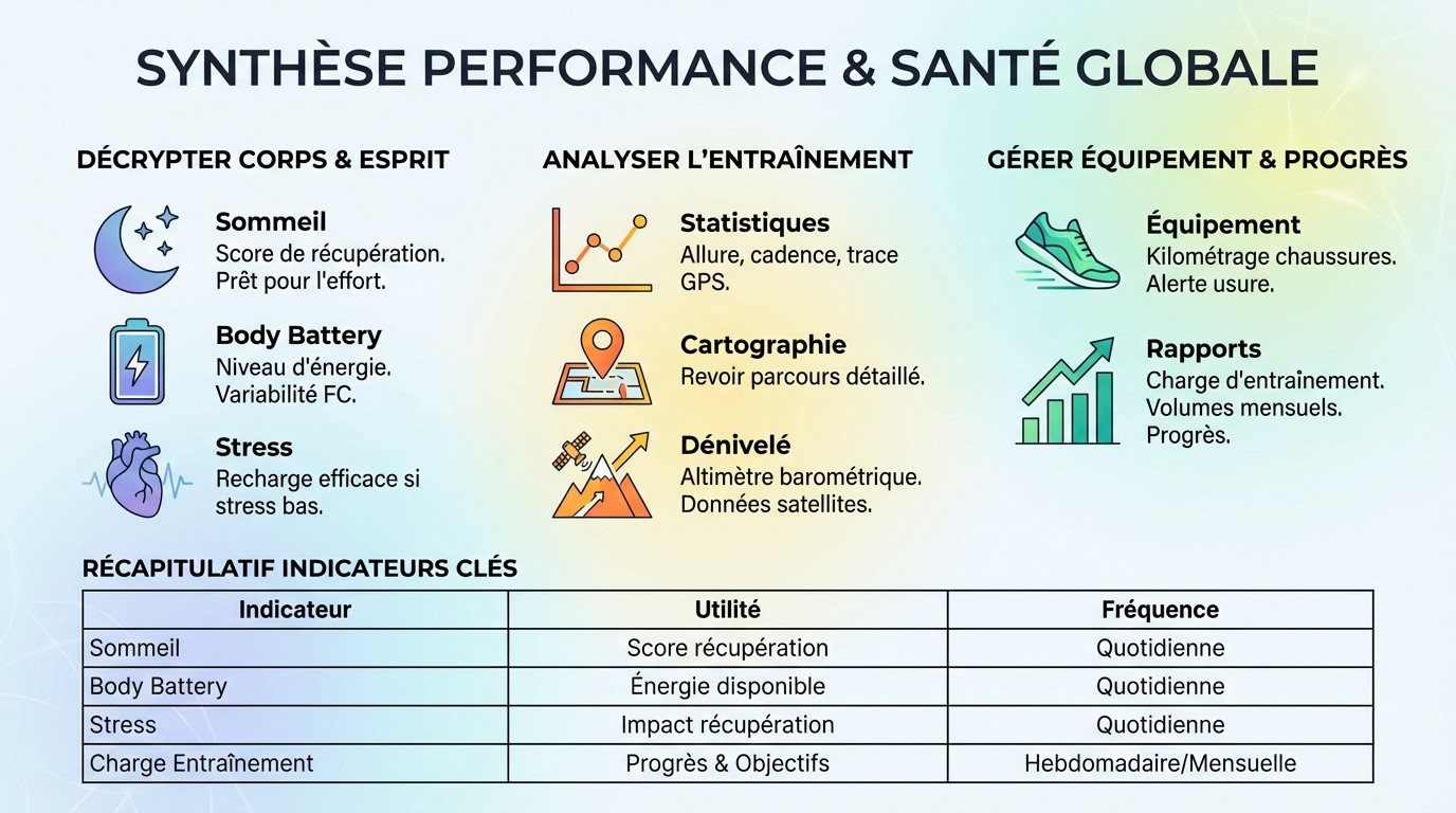 Synthèse des performances sportives et indicateurs de santé sur Garmin Connect