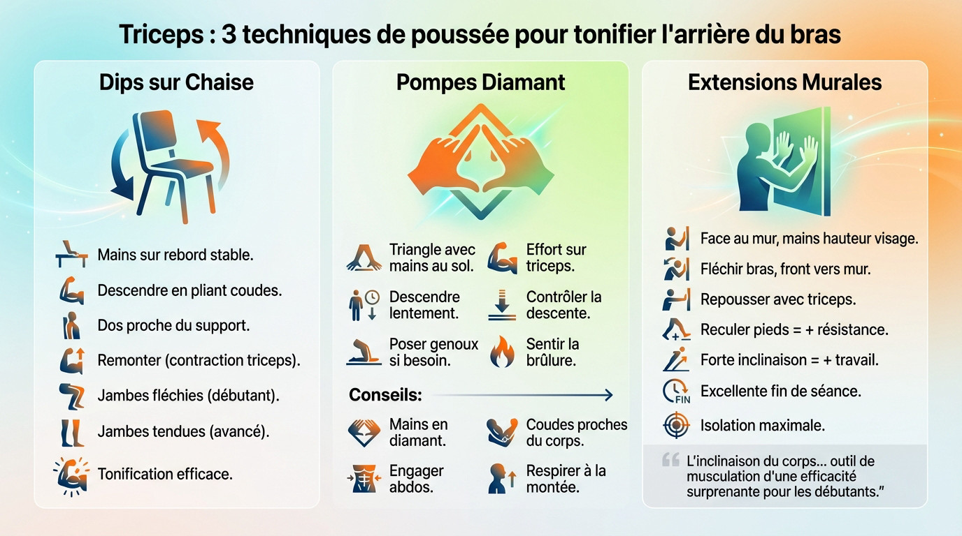 Un sportif effectue des dips sur une chaise pour muscler ses triceps sans matériel à domicile