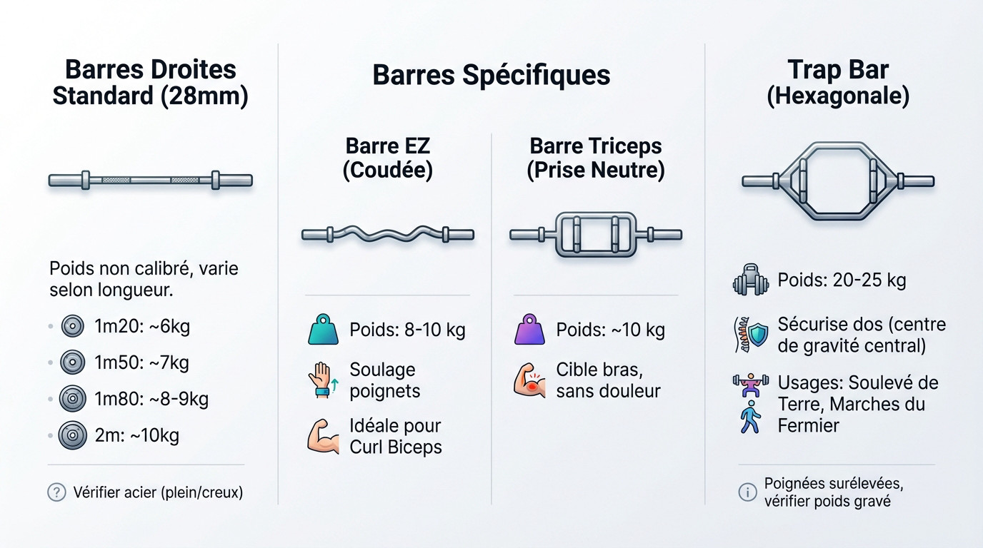 Différents types de barres de musculation incluant barre EZ et barre olympique