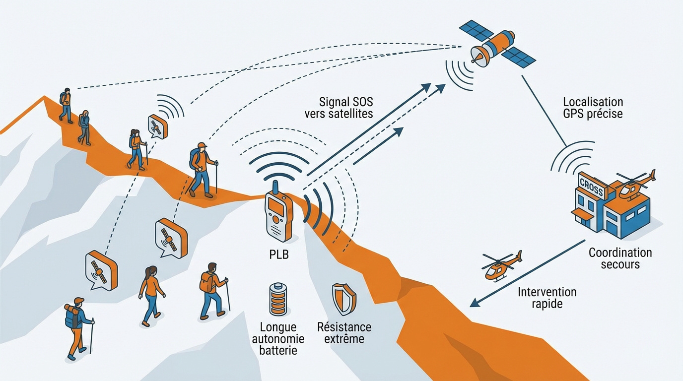 Schéma de la chaîne de secours par satellite pour la randonnée