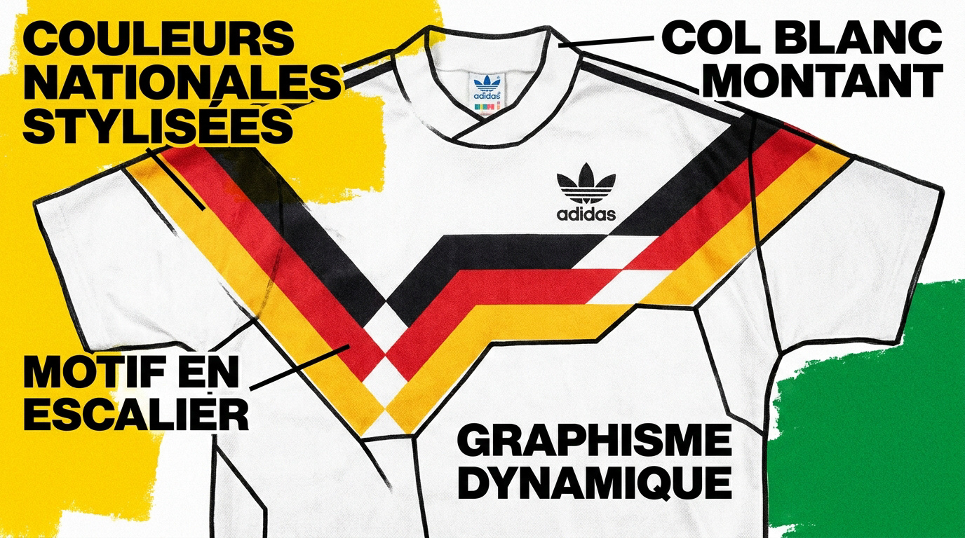 Maillot rétro de l'Allemagne 1990 avec son motif géométrique tricolore emblématique