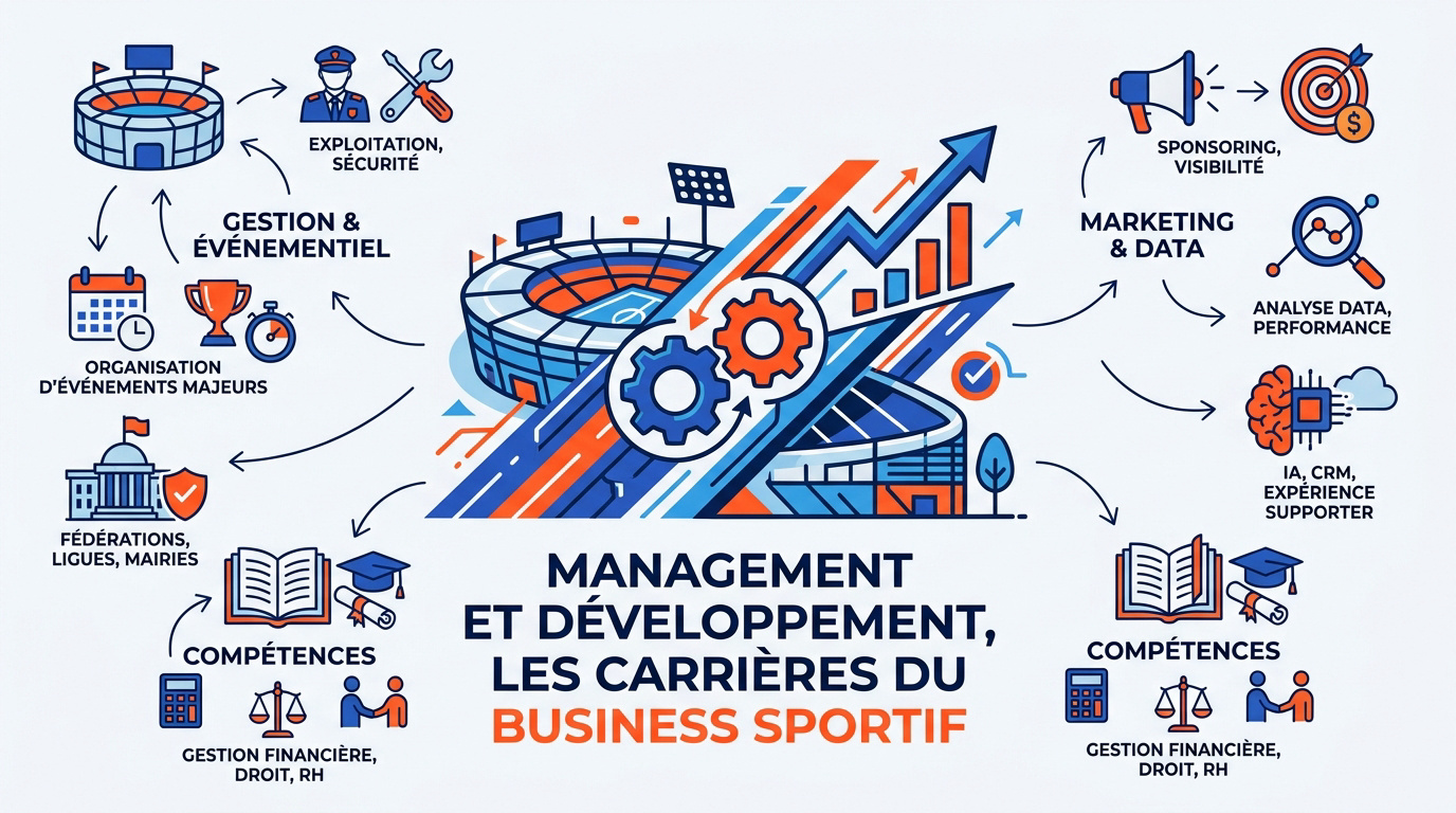 Infographie illustrant les différents métiers, compétences et domaines du management dans le business sportif.