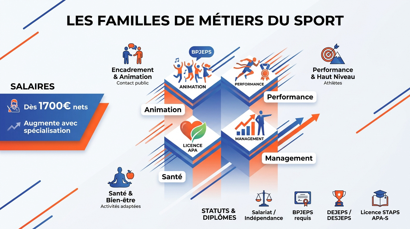 Infographie présentant les secteurs, diplômes et salaires du domaine du sport.